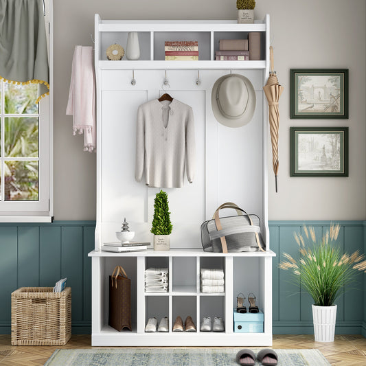 U-Can Hall Tree with 6 Hooks Coat Hanger Entryway Bench Storage Bench (White)