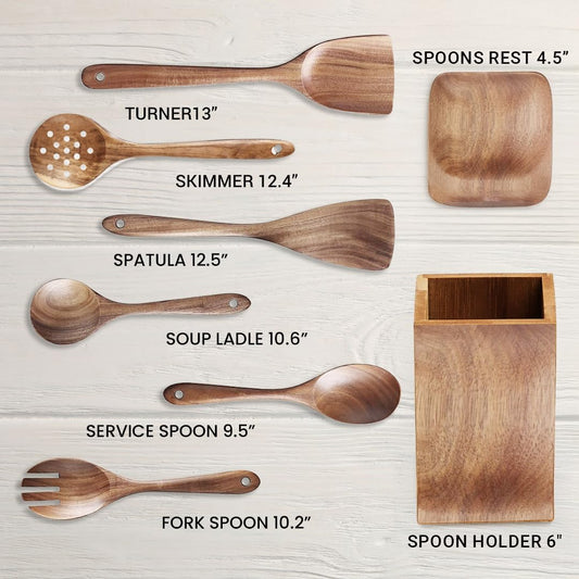 STORE INDYA 8 Piece Wooden Spoons for Cooking,Wood Kitchen Cooking Utensil Set for Nonstick Pans and Cookware | Wooden Utensil Set with Spoon Rest and Holder | Lightweight, Heat Resistant, Non Toxic