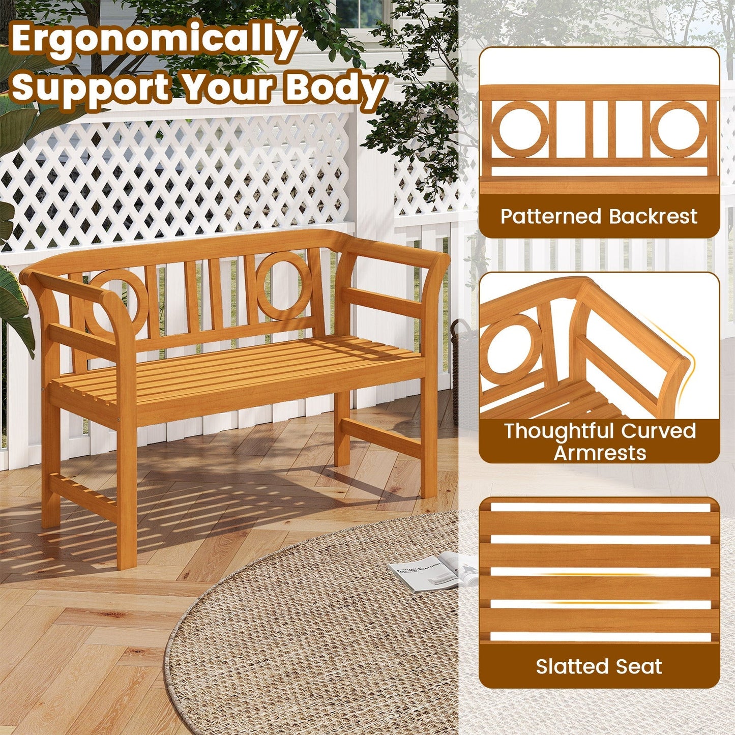 Acacia Wood 2-Person Patio Loveseat with Backrest and Armrests for Backyard