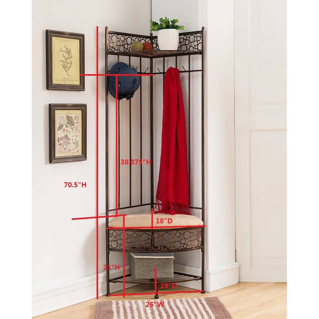 Metal Corner Hall Tree Foyer Entryway Shoe Storage Bench Coat Rack in Copper