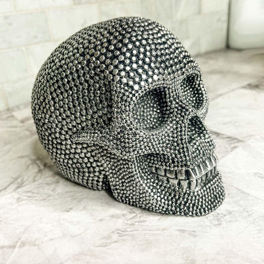 Resin Beaded Skull Decor Silver Skeleton Head Handmade Rustic Bookend Centerpiece Halloween