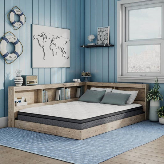 Twin size Natural Wood Corner Storage Bed with Bookcase Headboard and USB Ports