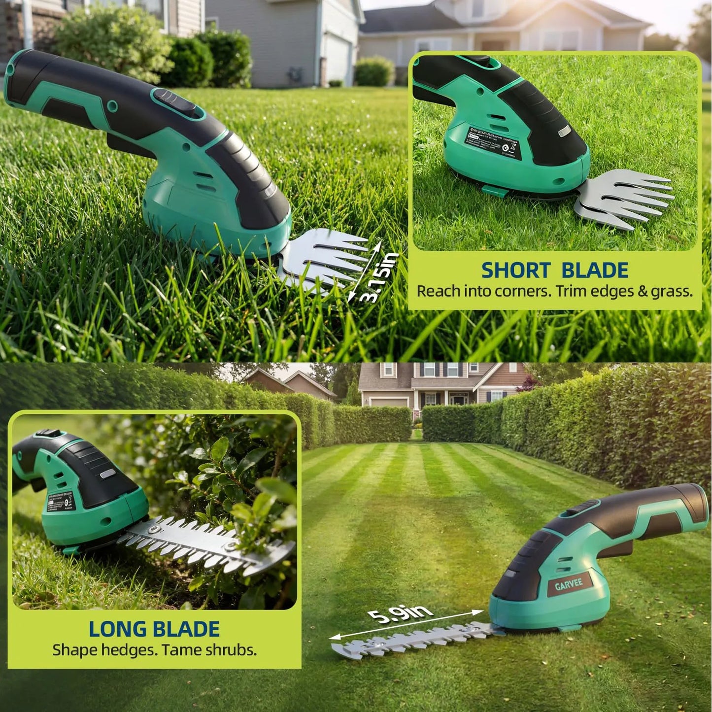 Versatile Wireless 2-in-1 Grass Shear & Shrub Trimmer - 7.2V Rechargeable Handheld Electric Hedge Cutter - Type-C Charging