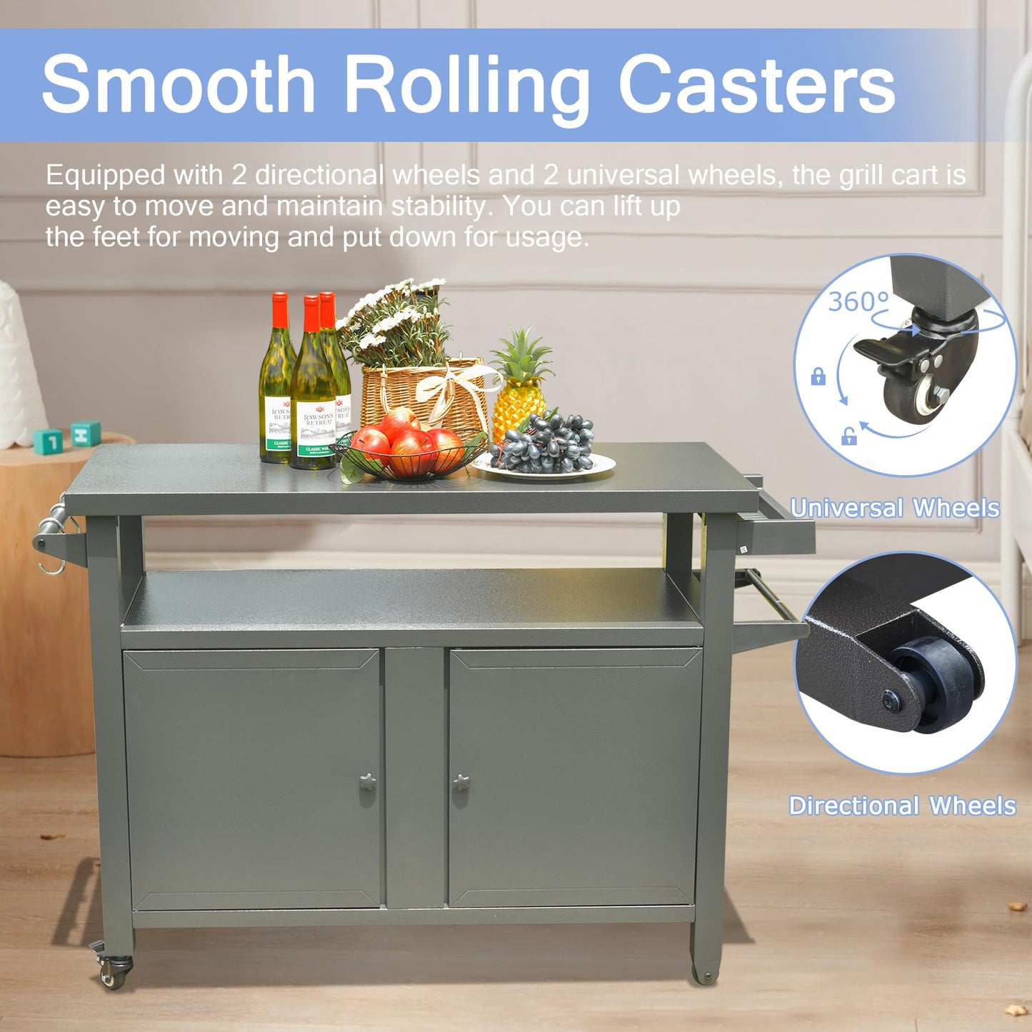 Grill Carts Outdoor Storage Cabinet With Wheels, Metal Outdoor Grill Table Kitchen Dining Table Cooking Prep BBQ Table For Patio, Kitchen Island, Home Party, Bar Grey