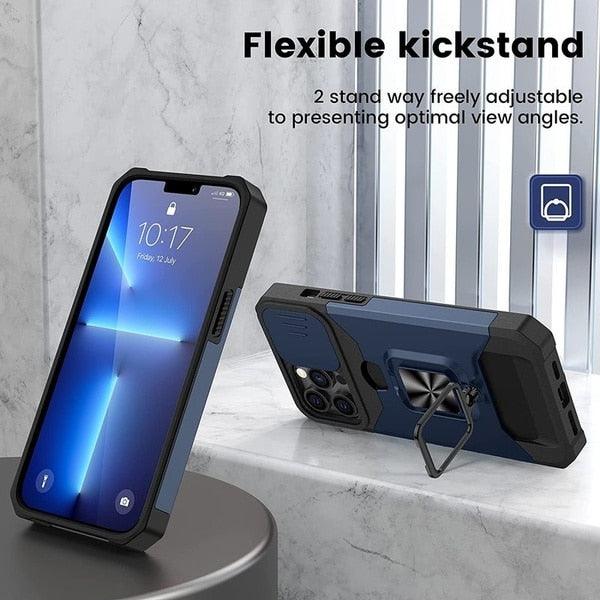 Shockproof Camera Cover & Kickstand Heavy Duty Protective Case Suitable For iPhone 14 Pro Max Card Push Anti-fall Mobile Phone Case iPhone 13 12 11 Pro Max Ring Protective Cover