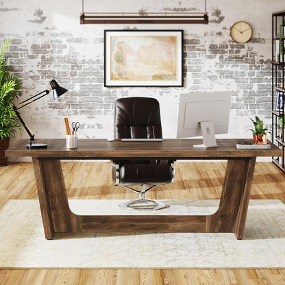 Executive Desk For Home Office, Computer Table With Pedestal, Large Writing Workstation - Brown