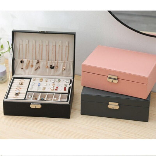 1pcs Double Layer Storage Box For Men And Women Large Capacity Leather Jewelry Box Hardware Latch Travel Portable Flip Lid Palm Jewelry Box Jewelry Box for Women Girls Necklace Ring Storage Organizer 2 Layers Large PU-Leathers Jewelry Case
