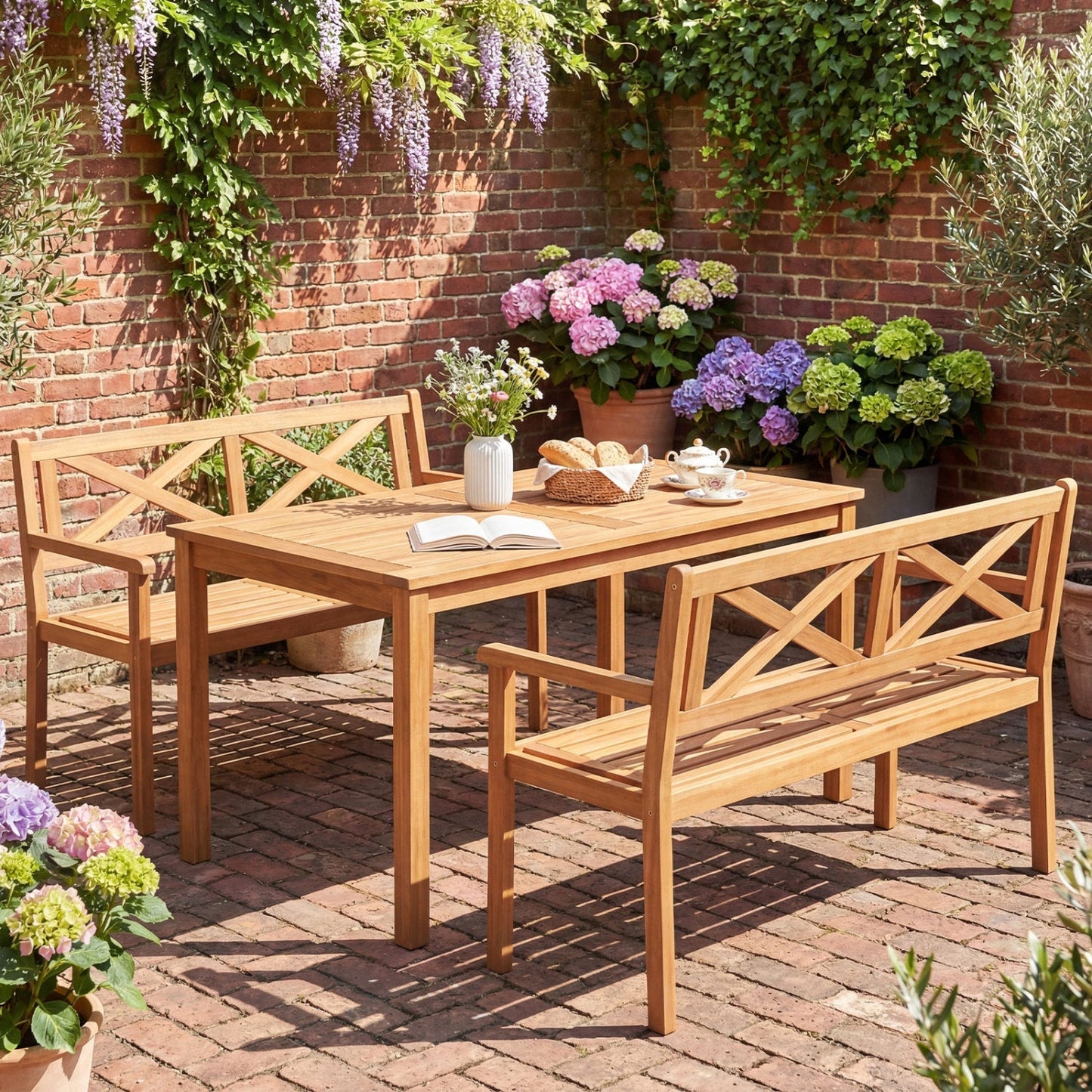 2-Person Patio Acacia Wood Garden Chair with Armrests and Backrest for Backyard