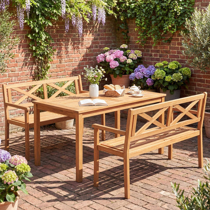 2-Person Patio Acacia Wood Garden Chair with Armrests and Backrest for Backyard
