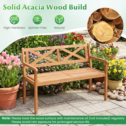 2-Person Patio Acacia Wood Garden Chair with Armrests and Backrest for Backyard