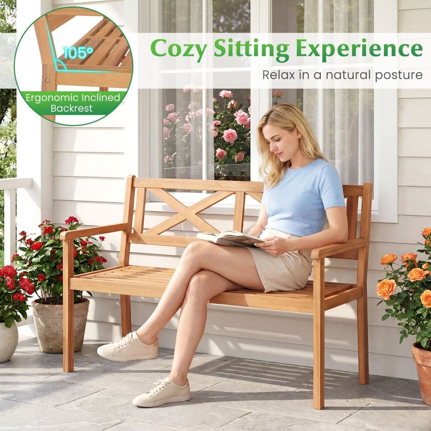 2-Person Patio Acacia Wood Garden Chair with Armrests and Backrest for Backyard