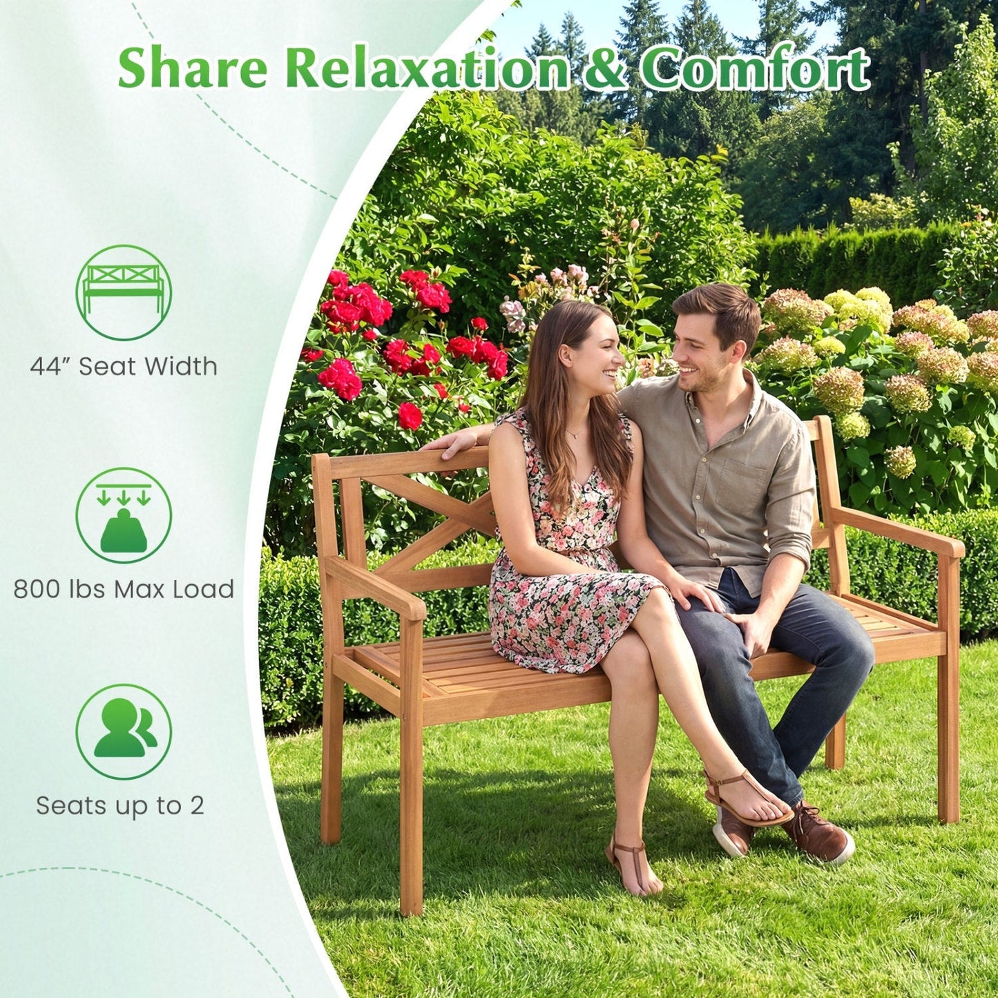 2-Person Patio Acacia Wood Garden Chair with Armrests and Backrest for Backyard
