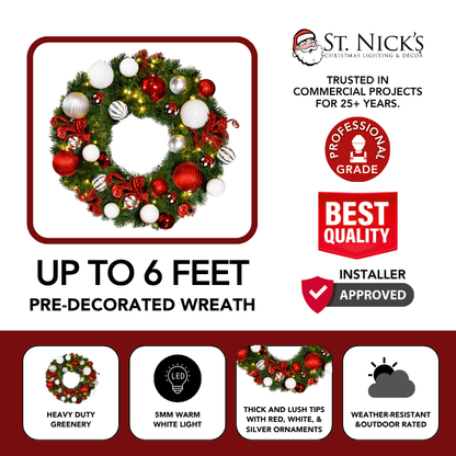 Pre-Decorated Christmas Wreath with Warm White Lights Red/White/Silver