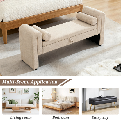 Storage Bench Oversized Velvet Oatmeal 60 In Extra-Long Entryway Mudroom