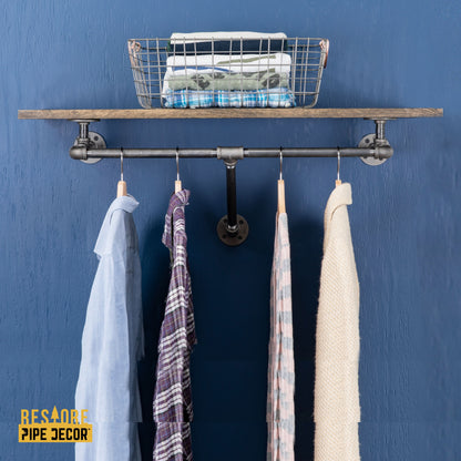 24 in. Wall Mounted Clothing Rack with Wood Shelf, Trail Brown