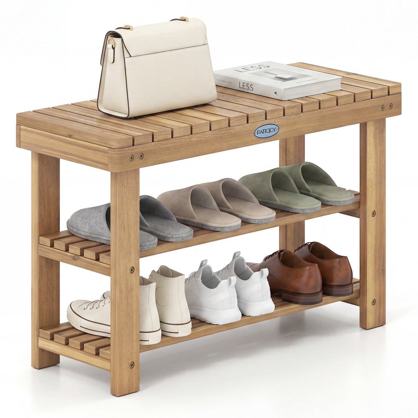 3-Tier Solid Wood Shoe Rack Bench with Slatted Shelves