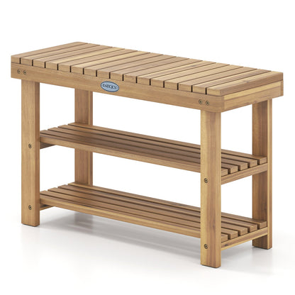 3-Tier Solid Wood Shoe Rack Bench with Slatted Shelves