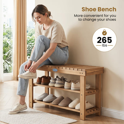 3-Tier Solid Wood Shoe Rack Bench with Slatted Shelves