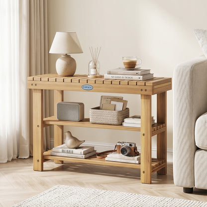 3-Tier Solid Wood Shoe Rack Bench with Slatted Shelves