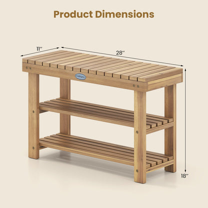 3-Tier Solid Wood Shoe Rack Bench with Slatted Shelves