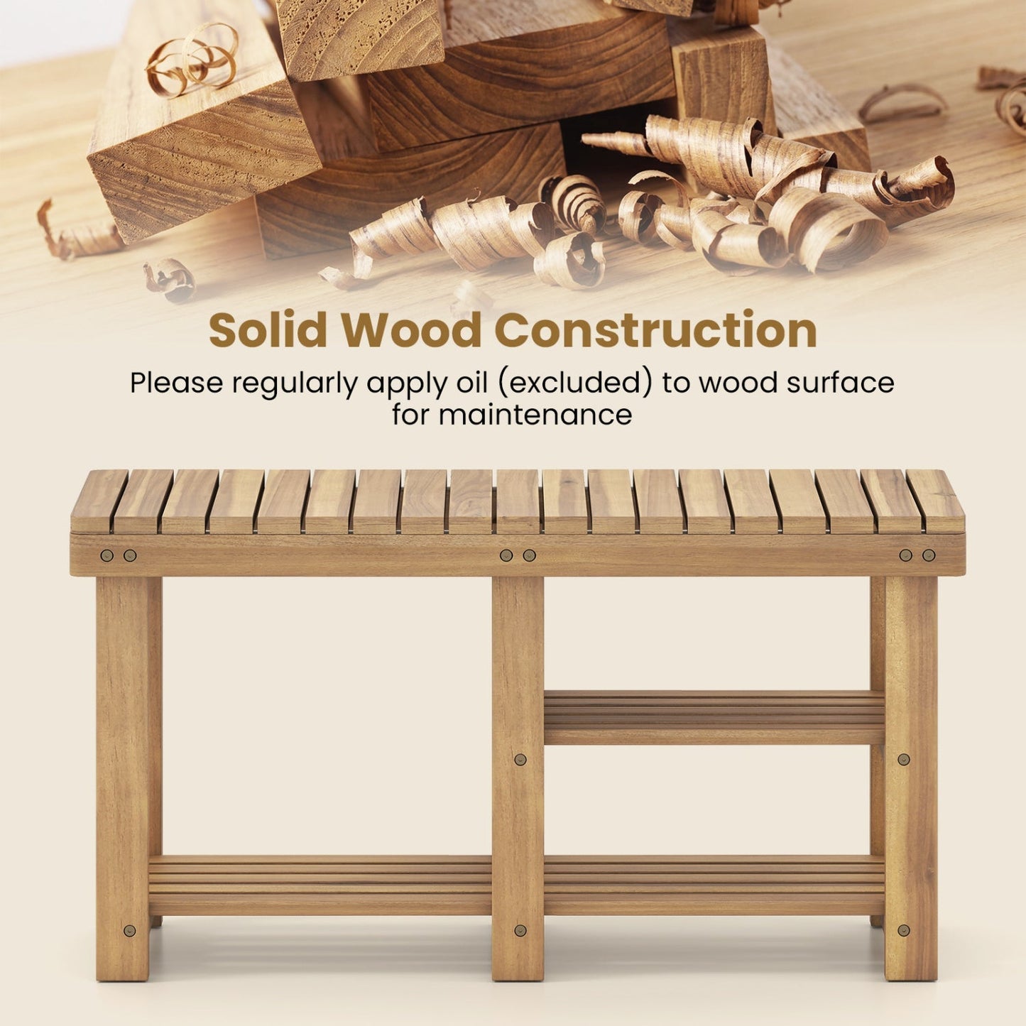 3-Tier Solid Wood Shoe Rack Bench with Slatted Shelves