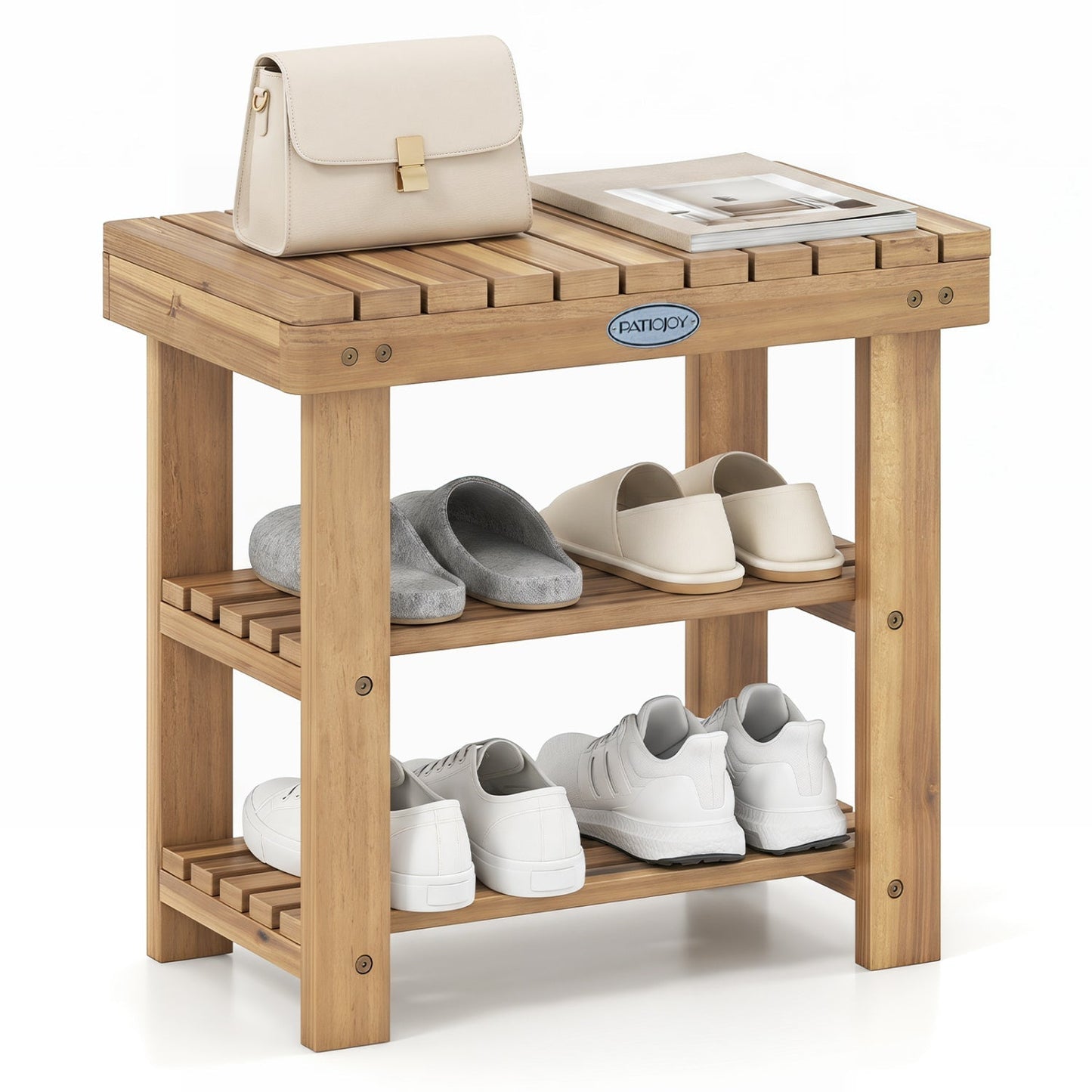 3-Tier Solid Wood Shoe Rack Bench with Slatted Shelves