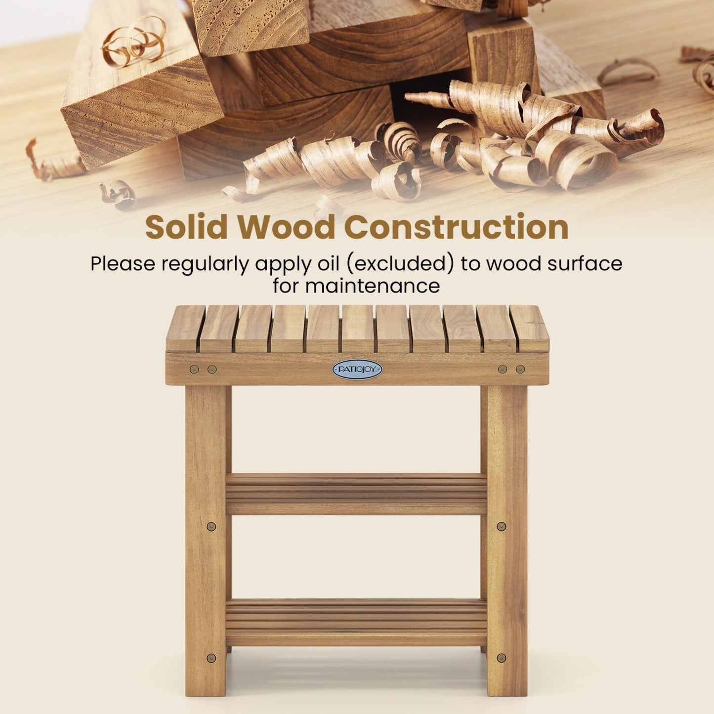 3-Tier Solid Wood Shoe Rack Bench with Slatted Shelves