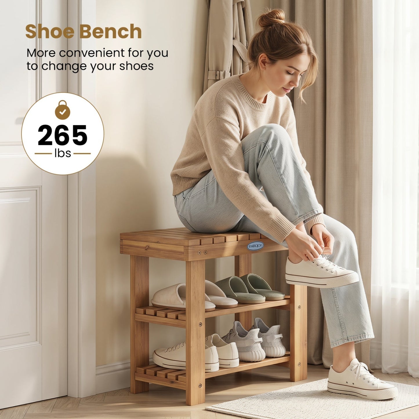 3-Tier Solid Wood Shoe Rack Bench with Slatted Shelves