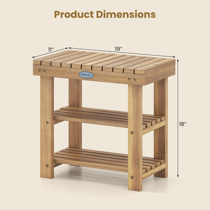3-Tier Solid Wood Shoe Rack Bench with Slatted Shelves