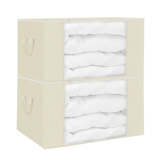 2Pcs Clothes Storage Bag 90L Large Capacity Foldable Closet Organizer with Thick Fabric Clear Window Dual-Zipper for Clothes Comforters Blankets Beddi
