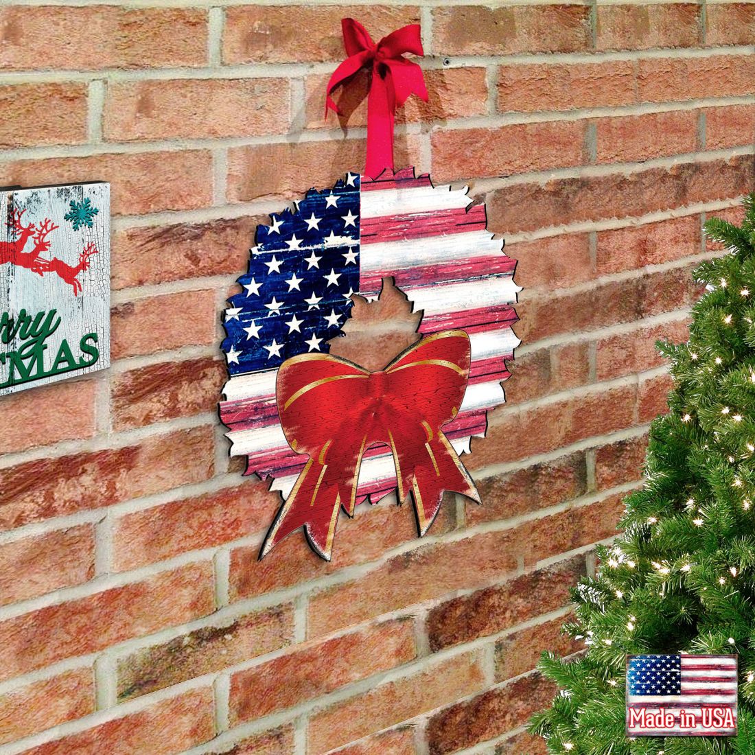 American Flag Holiday Door Wreath by G. DeBrekht - American Christmas Decor - 8185302H