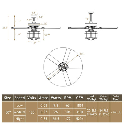 50 Inch Noiseless Ceiling Fan Light with Explosion-proof Glass Lampshades-Black