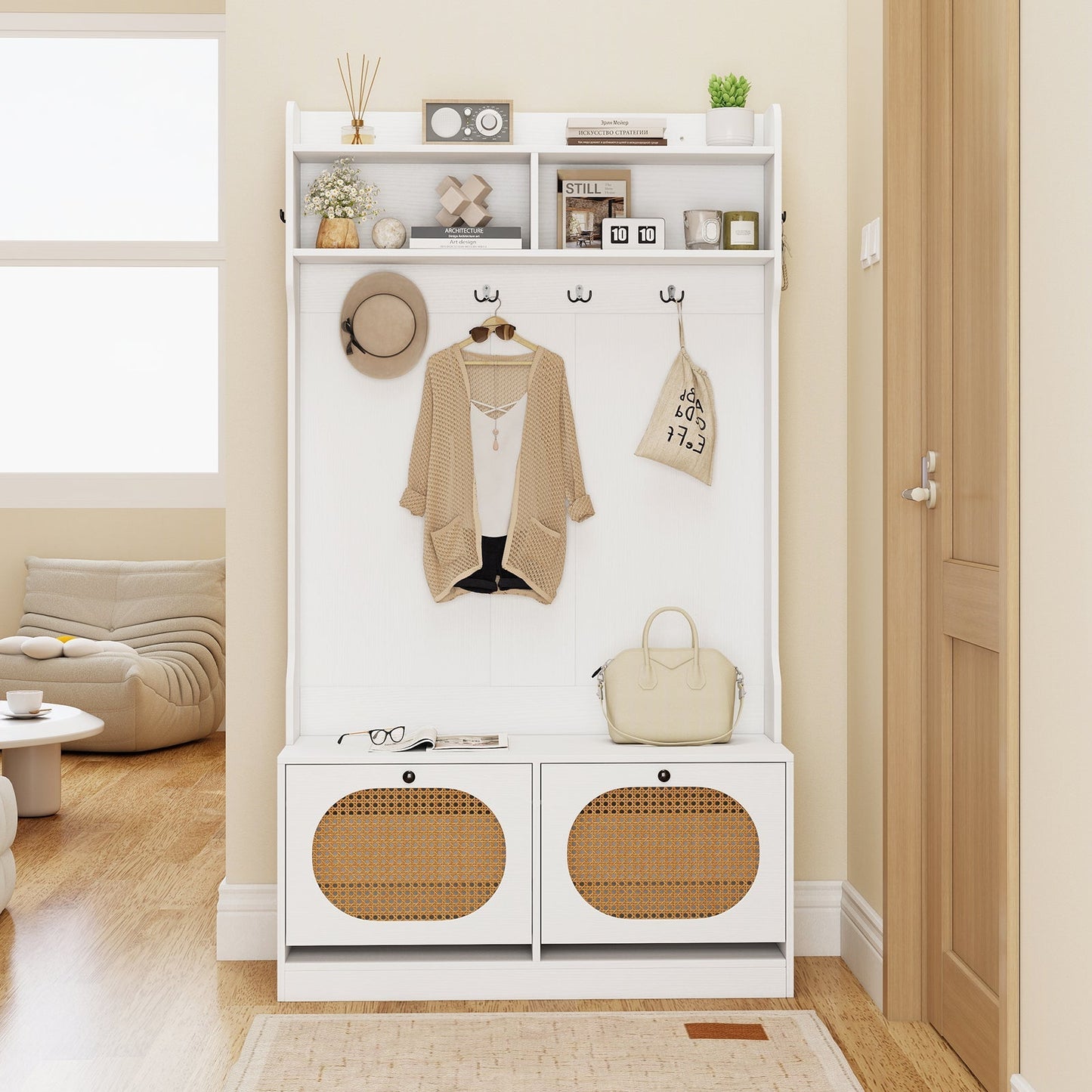 4-In-1 Hall Tree with Coat Rack and Flip Drawers for Entryway Mudroom