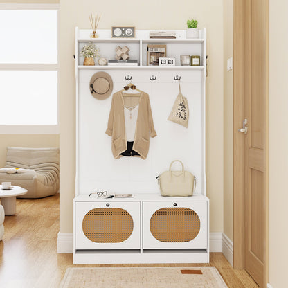 4-In-1 Hall Tree with Coat Rack and Flip Drawers for Entryway Mudroom
