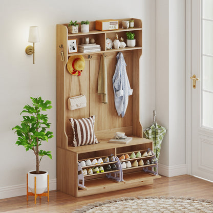 4-In-1 Hall Tree with Coat Rack and Flip Drawers for Entryway Mudroom