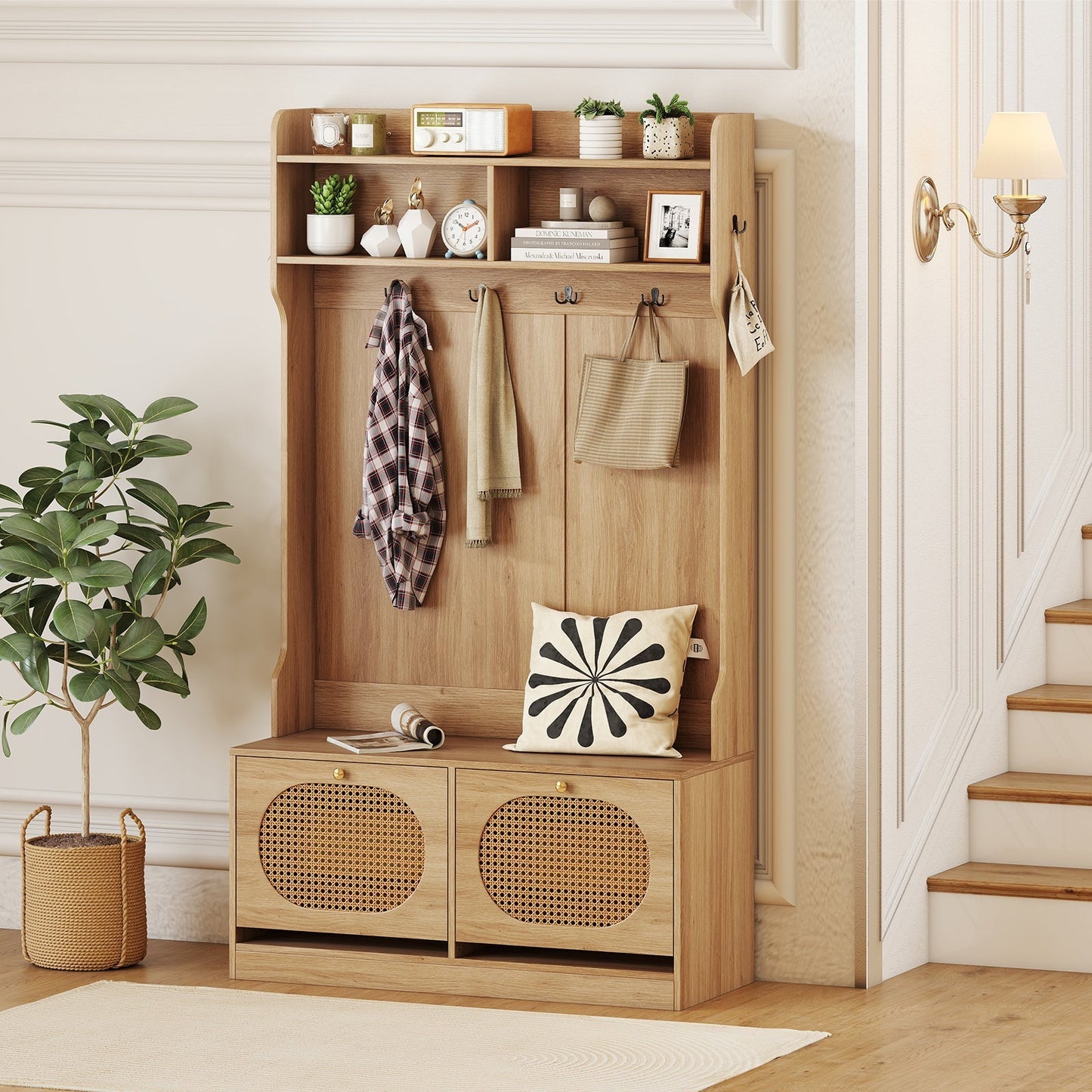 4-In-1 Hall Tree with Coat Rack and Flip Drawers for Entryway Mudroom