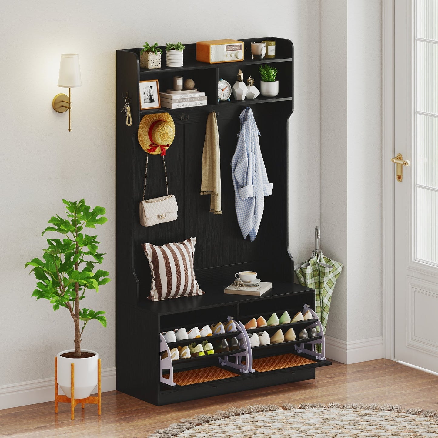 4-In-1 Hall Tree with Coat Rack and Flip Drawers for Entryway Mudroom