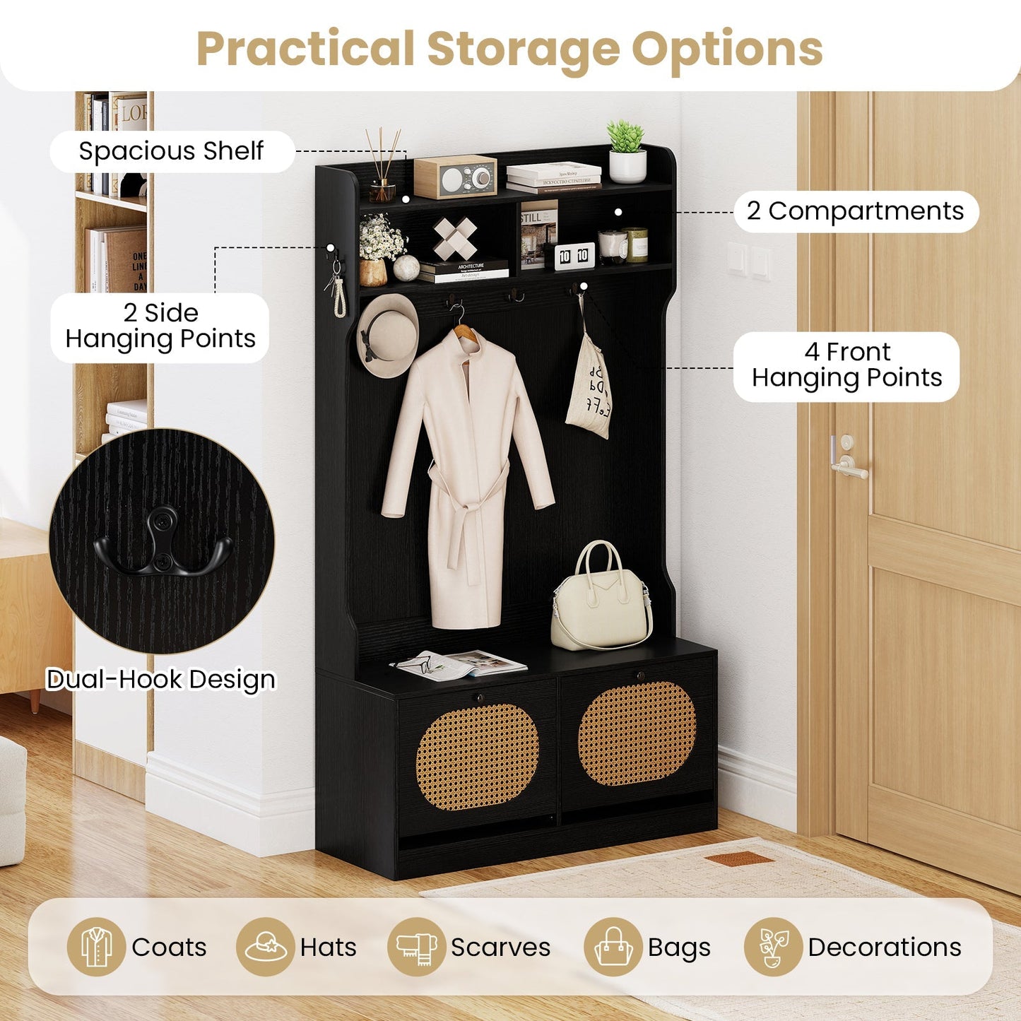 4-In-1 Hall Tree with Coat Rack and Flip Drawers for Entryway Mudroom