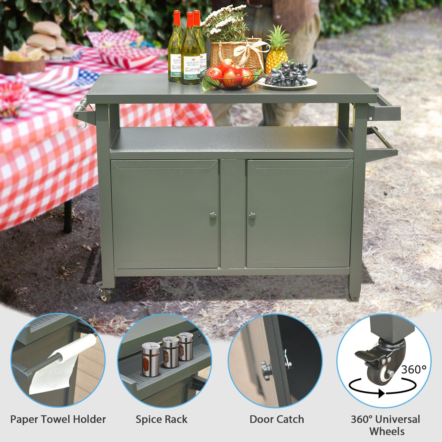 Grill Carts Outdoor Storage Cabinet With Wheels, Metal Outdoor Grill Table Kitchen Dining Table Cooking Prep BBQ Table For Patio, Kitchen Island, Home Party, Bar  Grey