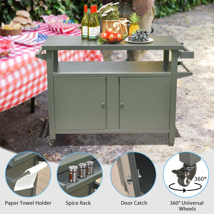 Grill Carts Outdoor Storage Cabinet With Wheels, Metal Outdoor Grill Table Kitchen Dining Table Cooking Prep BBQ Table For Patio, Kitchen Island, Home Party, Bar  Grey
