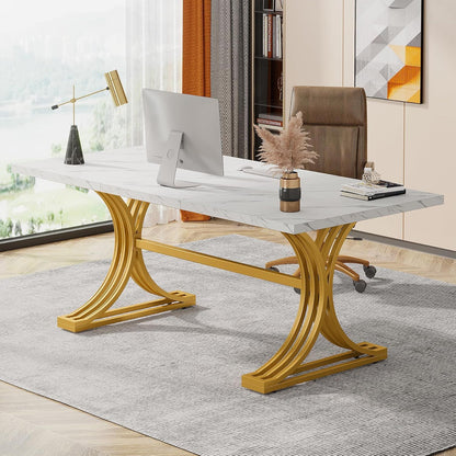 Executive Desk With X-Legs, Sturdy Office Workstation For Home Office - White / Gold