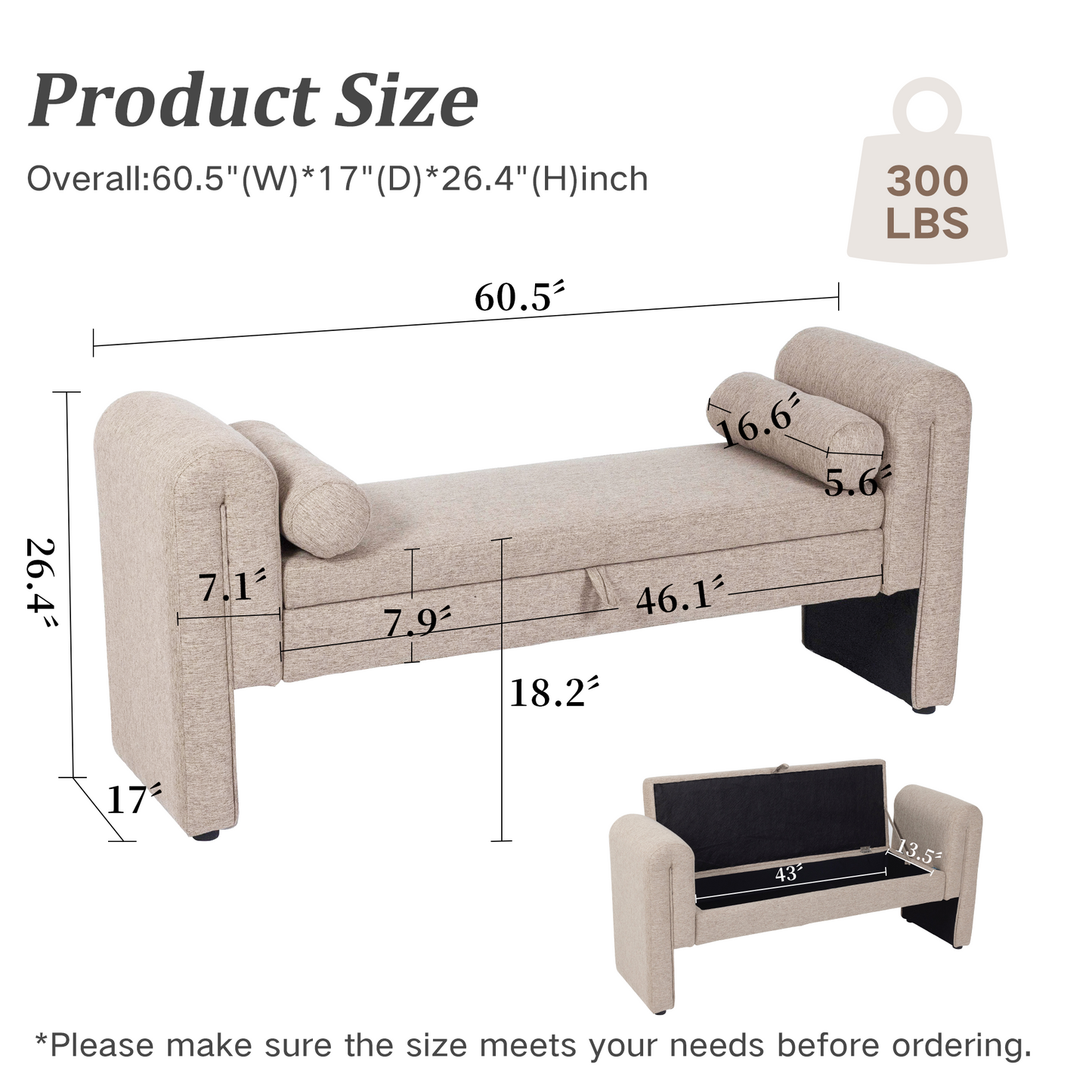 Storage Bench Oversized Velvet Oatmeal 60 In Extra-Long Entryway Mudroom