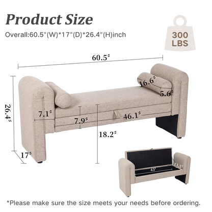 Storage Bench Oversized Velvet Oatmeal 60 In Extra-Long Entryway Mudroom