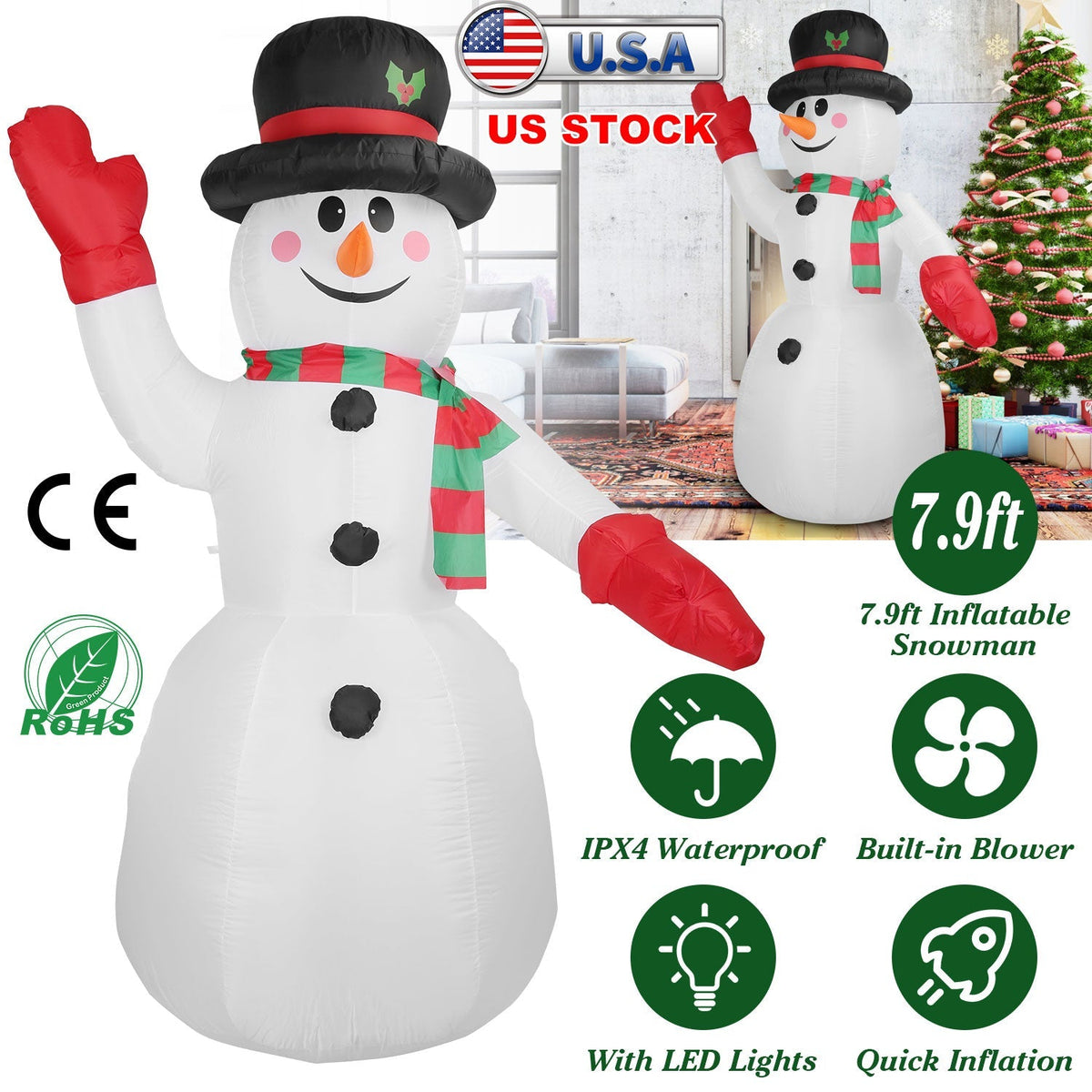 7.9FT Christmas Inflatable Giant Snowman Blow up Light up Snowman with LED Lights Hat Scarf  IPX4 Waterproof Christmas Outdoor Yard Lawn Holiday Decor