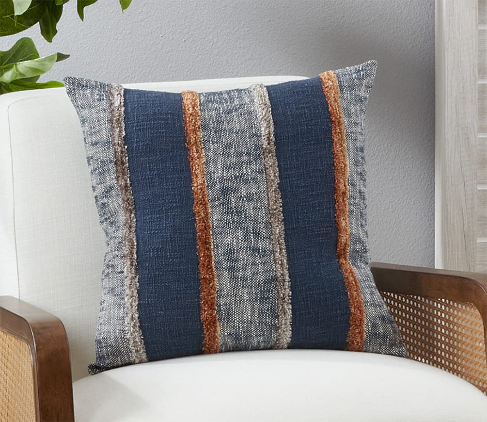 Fennco Styles Stripe Tufted Cotton Decorative Throw Pillow Cover 20" W x 20" L - Navy Blue Woven Square Cushion Case for Home, Couch, Living Room, Bedroom, Office and Holiday Décor