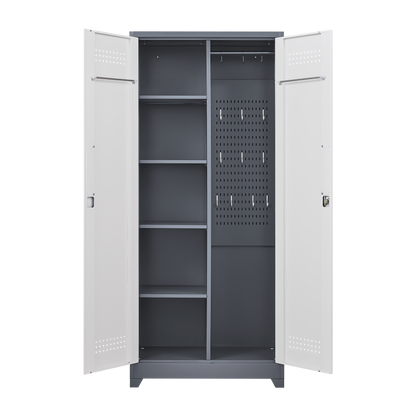 Metal storage cabinets, lockable cleaning tool cabinets, high broom tool organizers, and large storage cabinets in storage store
