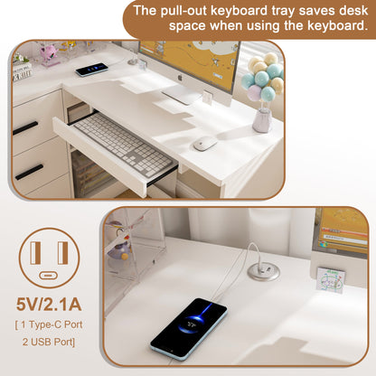 White L-Shaped Computer Desk with Glass Cabinets, Built-In LED Lights, USB Charging Ports, and Keyboard Tray - Ergonomic Office Furniture for Home and Corporate Workspaces