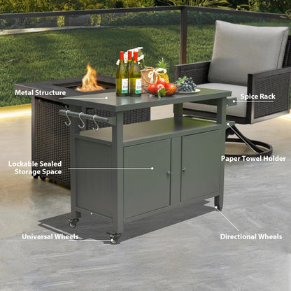 Grill Carts Outdoor Storage Cabinet With Wheels, Metal Outdoor Grill Table Kitchen Dining Table Cooking Prep BBQ Table For Patio, Kitchen Island, Home Party, Bar  Grey