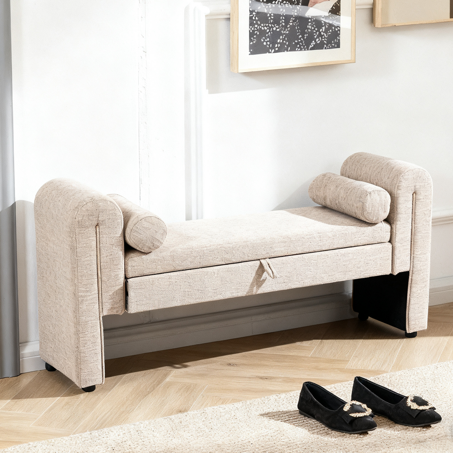 Storage Bench Oversized Velvet Oatmeal 60 In Extra-Long Entryway Mudroom