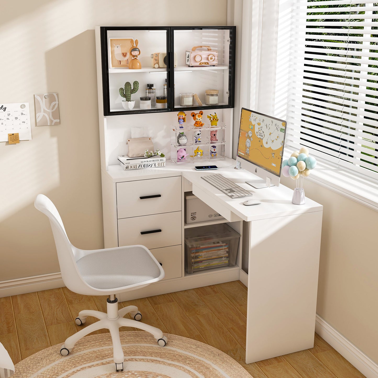 White L-Shaped Computer Desk with Glass Cabinets, Built-In LED Lights, USB Charging Ports, and Keyboard Tray - Ergonomic Office Furniture for Home and Corporate Workspaces